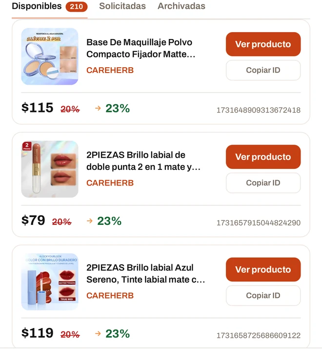 Pantalla de campañas en la app de DIAURA: 210 productos disponibles, cada uno con su foto, su marca, su precio, la comisión del link abierto tachada y la comisión de la campaña