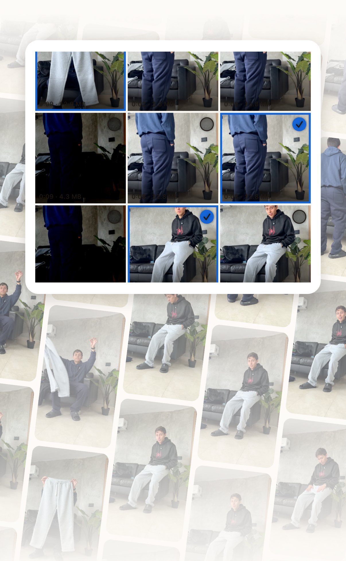 Cuadrícula de videos en ByeVid con varios seleccionados y el botón de borrar abajo