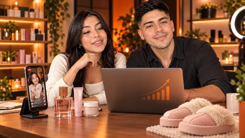 Dueña de una marca y un estratega de agencia revisando ventas de TikTok Shop