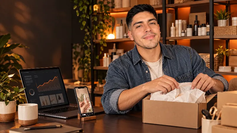 Dueño de una marca mexicana empacando un pedido de TikTok Shop junto a su panel de ventas