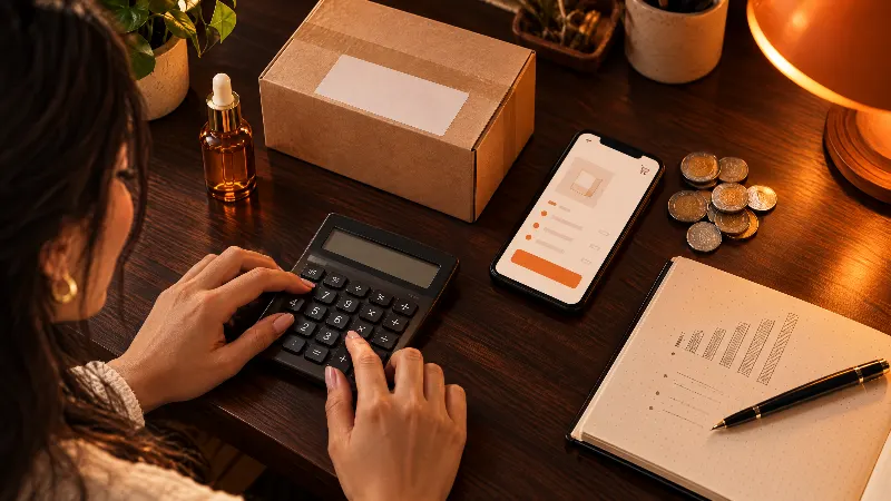 Escritorio con calculadora, producto, caja de envío y celular con un pedido de TikTok Shop