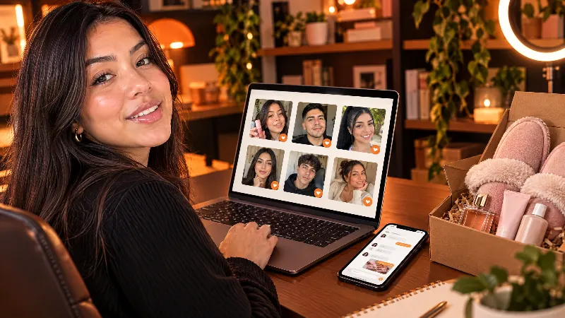 Encargada de marca revisando perfiles de creadores en su laptop con muestras de producto listas para enviar