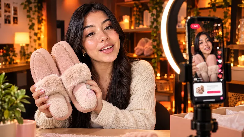 Host haciendo un live de TikTok Shop mostrando pantuflas frente al celular