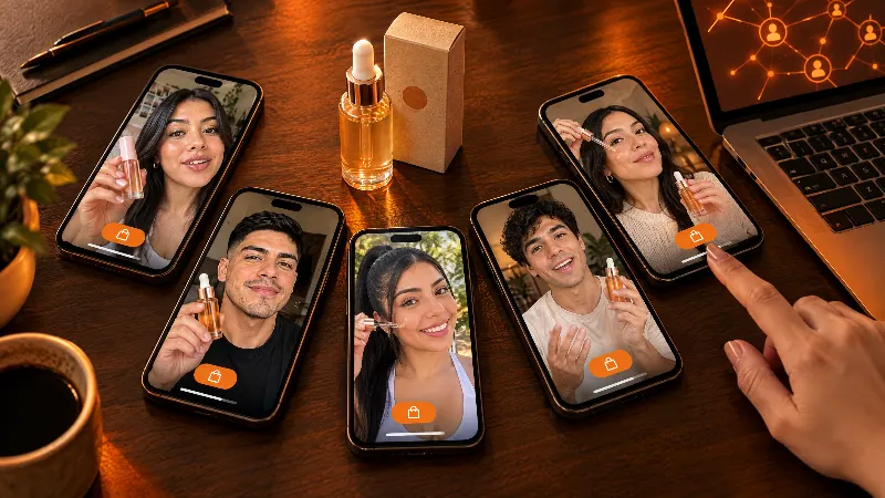 Varios celulares con creadores promocionando el mismo producto en TikTok Shop