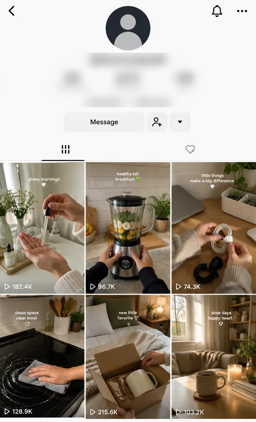 Perfil de TikTok de un creador con videos caseros de productos