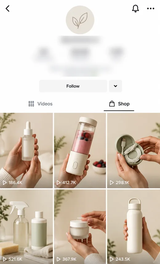 Perfil de TikTok de una marca con pestaña de tienda y videos de producto